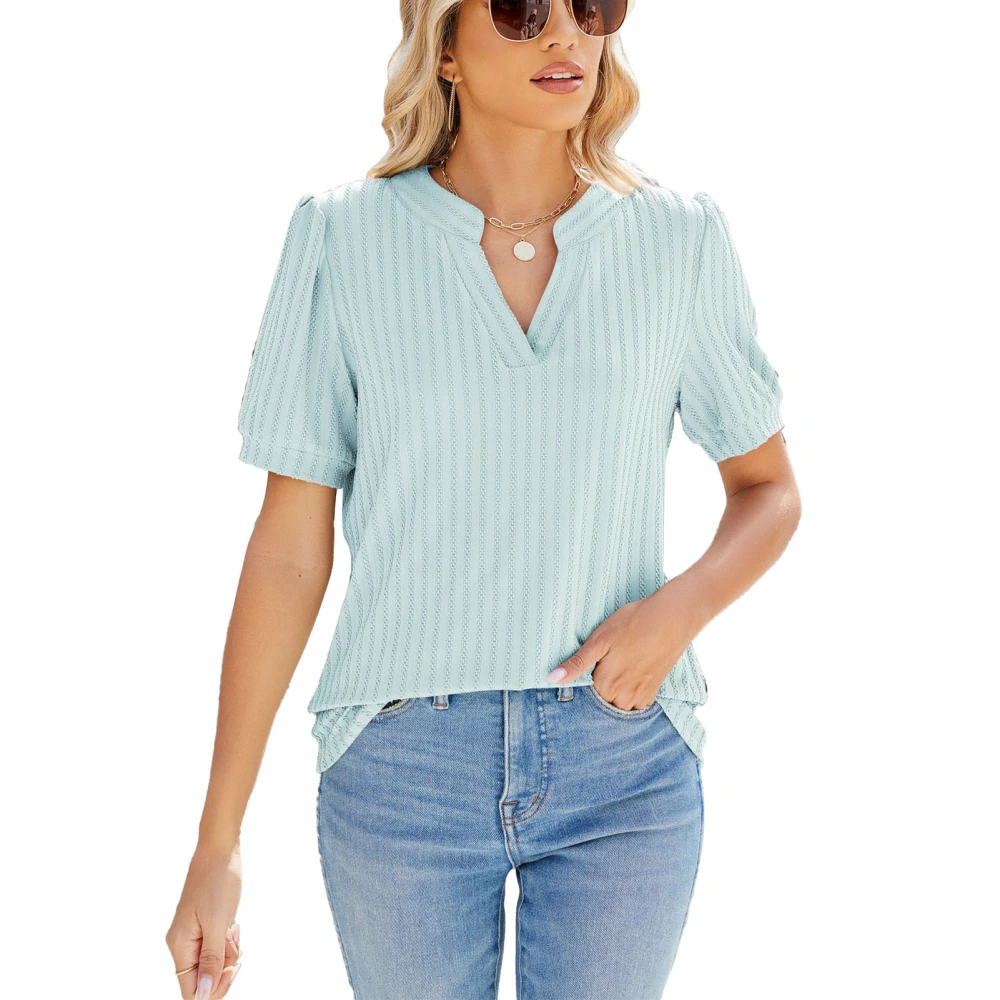 Short Sleeve Ribbed Blouse Puff Sleeve Pure Color Casual Fitted V Neckline Ribbed Blouse for Summer Light Blue S