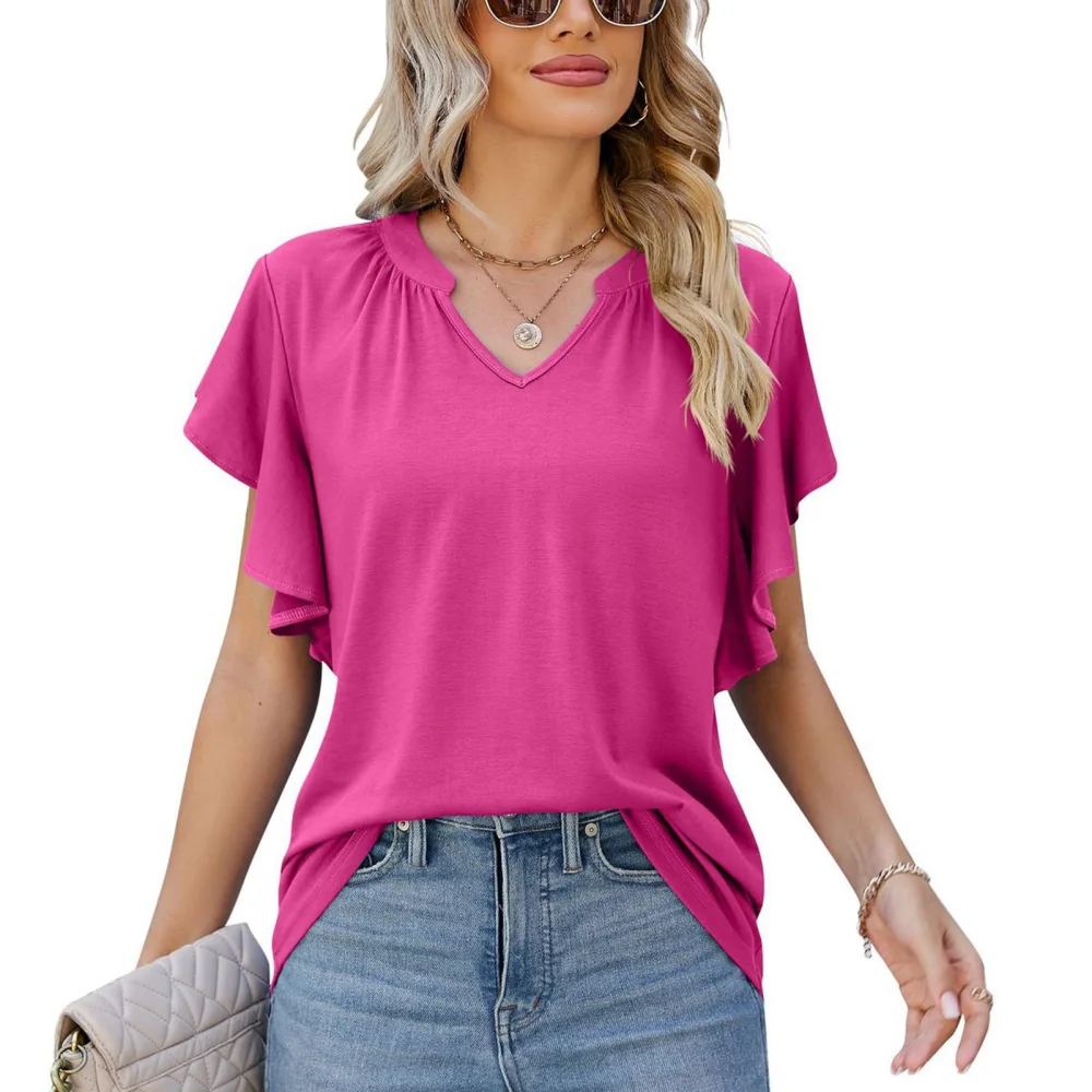 Women V Neck T Shirt Ruffle Short Sleeves Pure Color Summer Casual Blouse for Daily Wear Pink XL