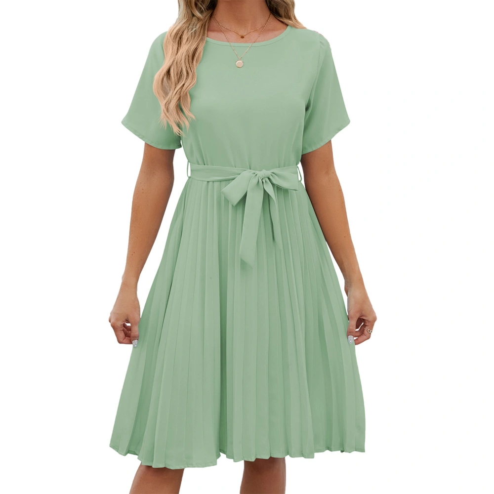 Short Sleeve Pleated Dress Plain Color Casual Fitted Round Neck Tie Waist Pleated Short Dress for Women Bean Green L