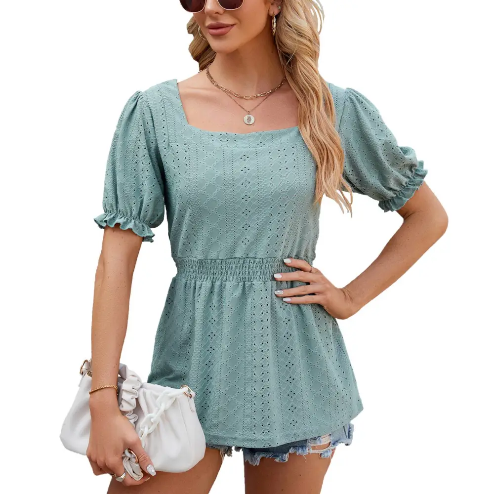 Women Puff Short Sleeve Blouse Ruffle Hem Shirred Waist Solid Color Breathable Fashion Summer Pullover Top Dark Green S