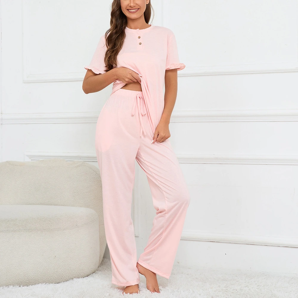 Women Pajama Set Round Neck Short Sleeves Top with Drawstring Pants Two Piece Sleepwear Home Lounge Set Pink XL