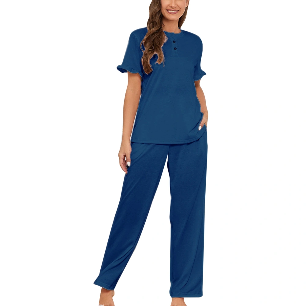 Women Pajama Set Round Neck Short Sleeves Top with Drawstring Pants Two Piece Sleepwear Home Lounge Set Dark Blue M