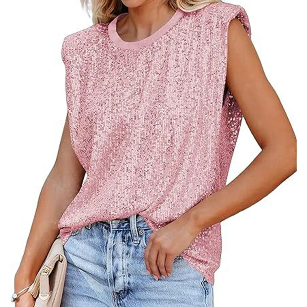 Glitter Blouse Crew Neck Shoulder Padded Sleeveless Loose Stylish Women Top for Party Street Pink L