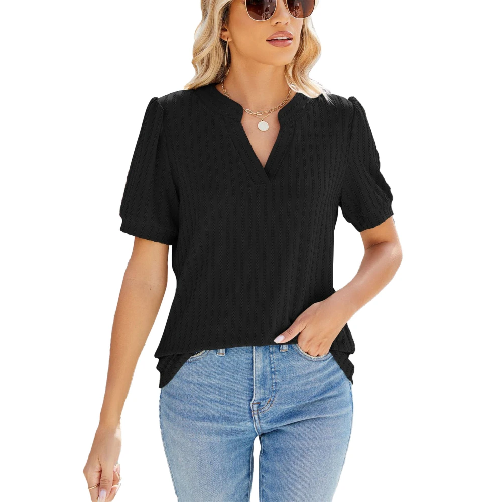 Short Sleeve Ribbed Blouse Puff Sleeve Pure Color Casual Fitted V Neckline Ribbed Blouse for Summer Black L