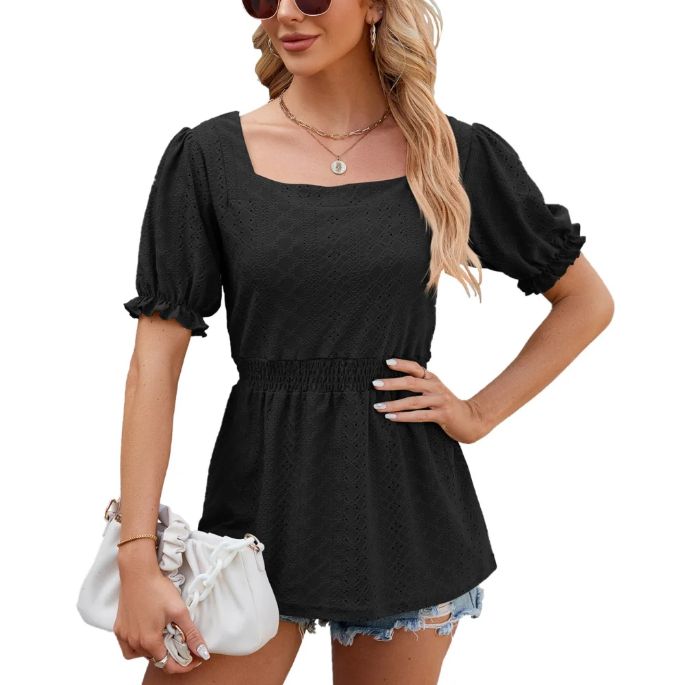 Women Puff Short Sleeve Blouse Ruffle Hem Shirred Waist Solid Color Breathable Fashion Summer Pullover Top Black L