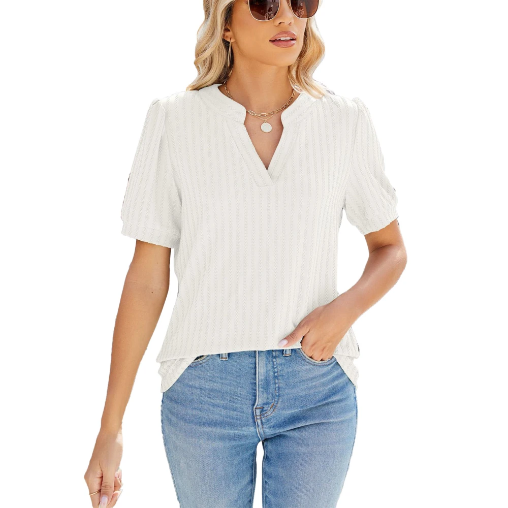 Short Sleeve Ribbed Blouse Puff Sleeve Pure Color Casual Fitted V Neckline Ribbed Blouse for Summer White S