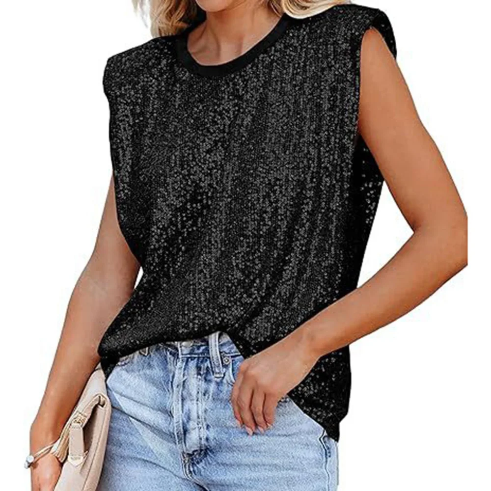 Glitter Blouse Crew Neck Shoulder Padded Sleeveless Loose Stylish Women Top for Party Street Black XL