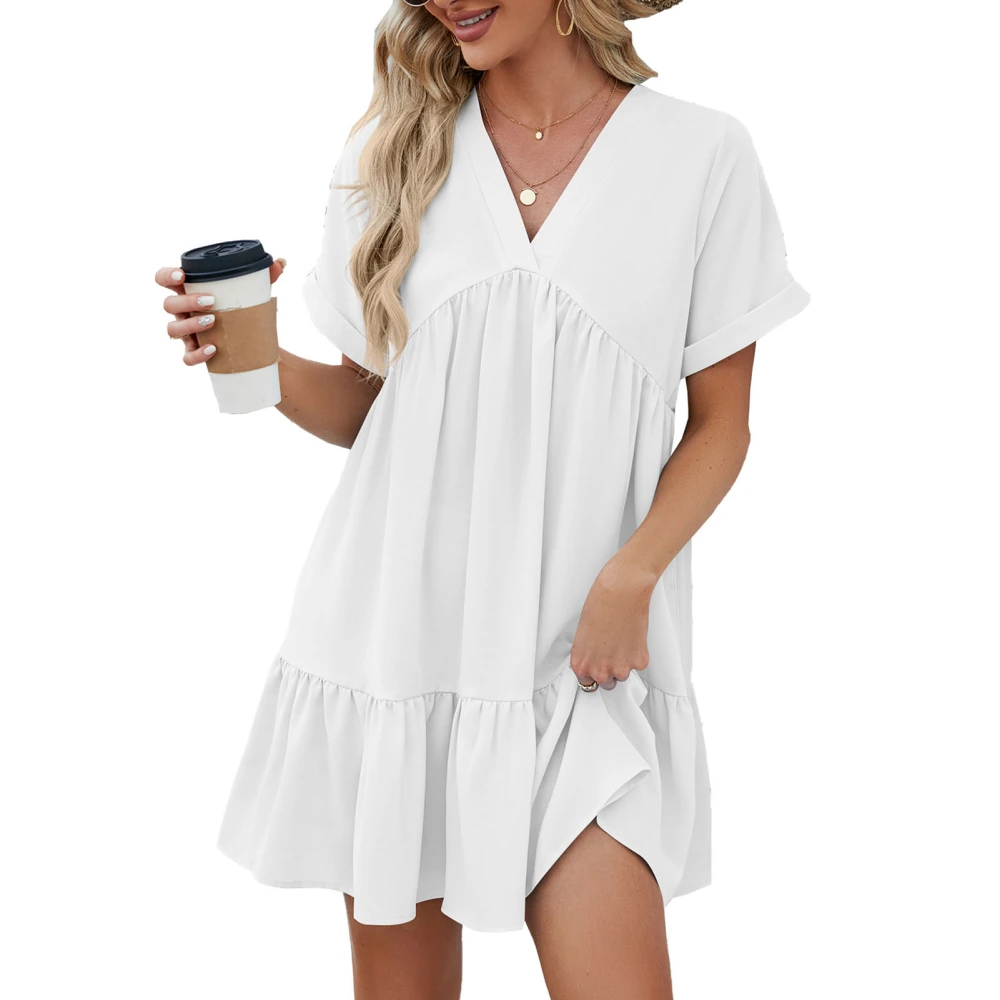 Women V Neck Dress Short Sleeves Pleated Trim Ruffle Hem Summer Short Dress For Daily Wear White XL