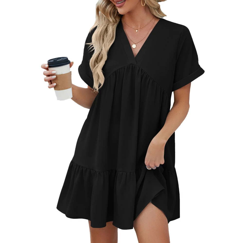 Women V Neck Dress Short Sleeves Pleated Trim Ruffle Hem Summer Short Dress For Daily Wear Black S