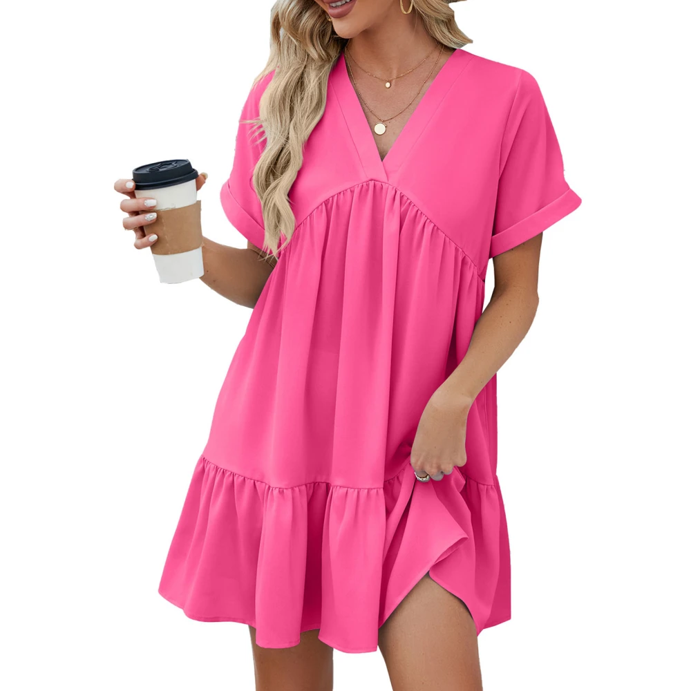 Women V Neck Dress Short Sleeves Pleated Trim Ruffle Hem Summer Short Dress For Daily Wear Rose Red XL