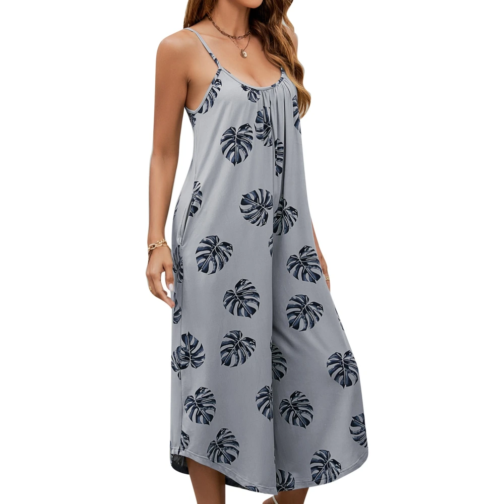 Women Spaghetti Strap Loose Jumpsuit Ankle Length Floral Printed Wide Leg U Neck Sleeveless Overalls Gray Blue L