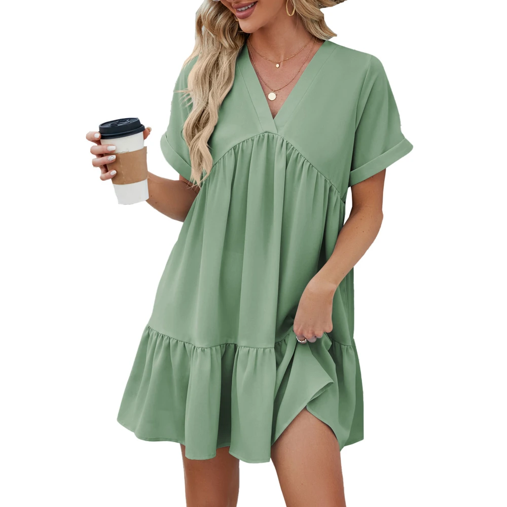 Women V Neck Dress Short Sleeves Pleated Trim Ruffle Hem Summer Short Dress For Daily Wear Bean Green L