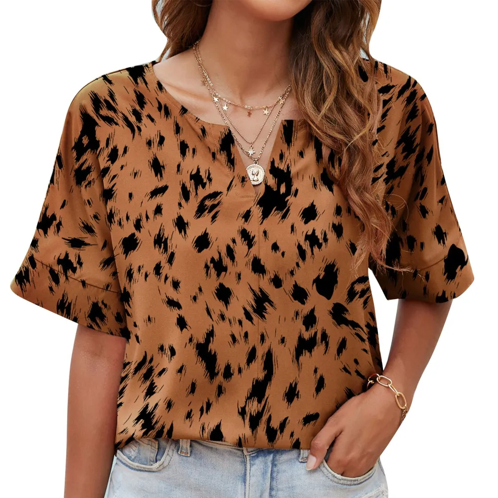 V Neckline Printed Blouse Short Sleeve Breathable Loose V Neck Printed Blouse for Daily Life Brown XL