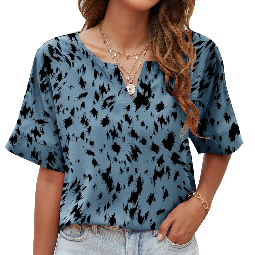 V Neckline Printed Blouse Short Sleeve Breathable Loose V Neck Printed Blouse for Daily Life Blue XXL