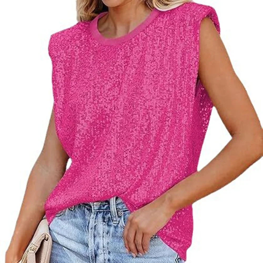 Glitter Blouse Crew Neck Shoulder Padded Sleeveless Loose Stylish Women Top for Party Street Dark Pink S