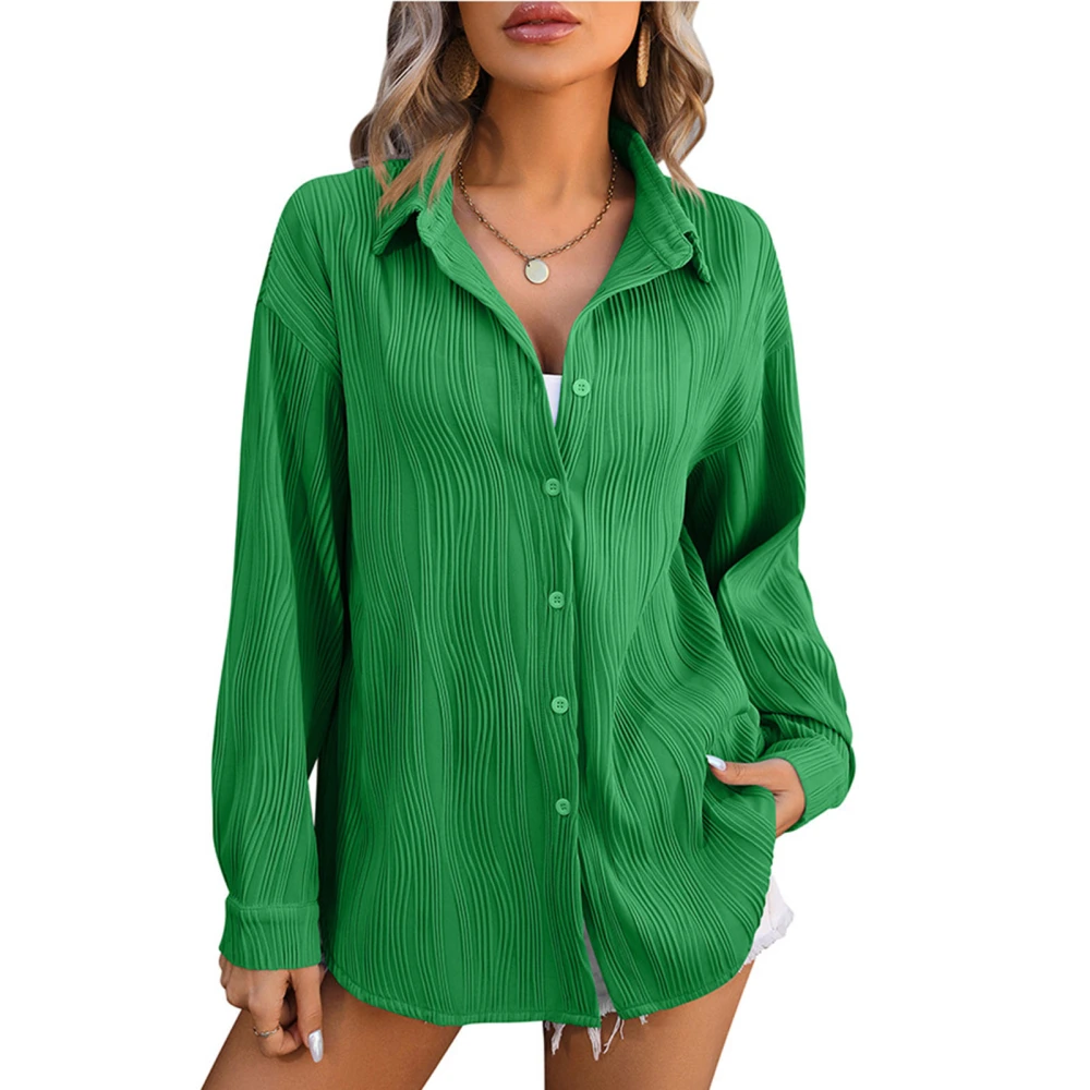 Women Casual Shirt Turn Over V Neck Long Sleeves Blouse Button Down Textured Blouse Daily Life Office Work Bright Green S