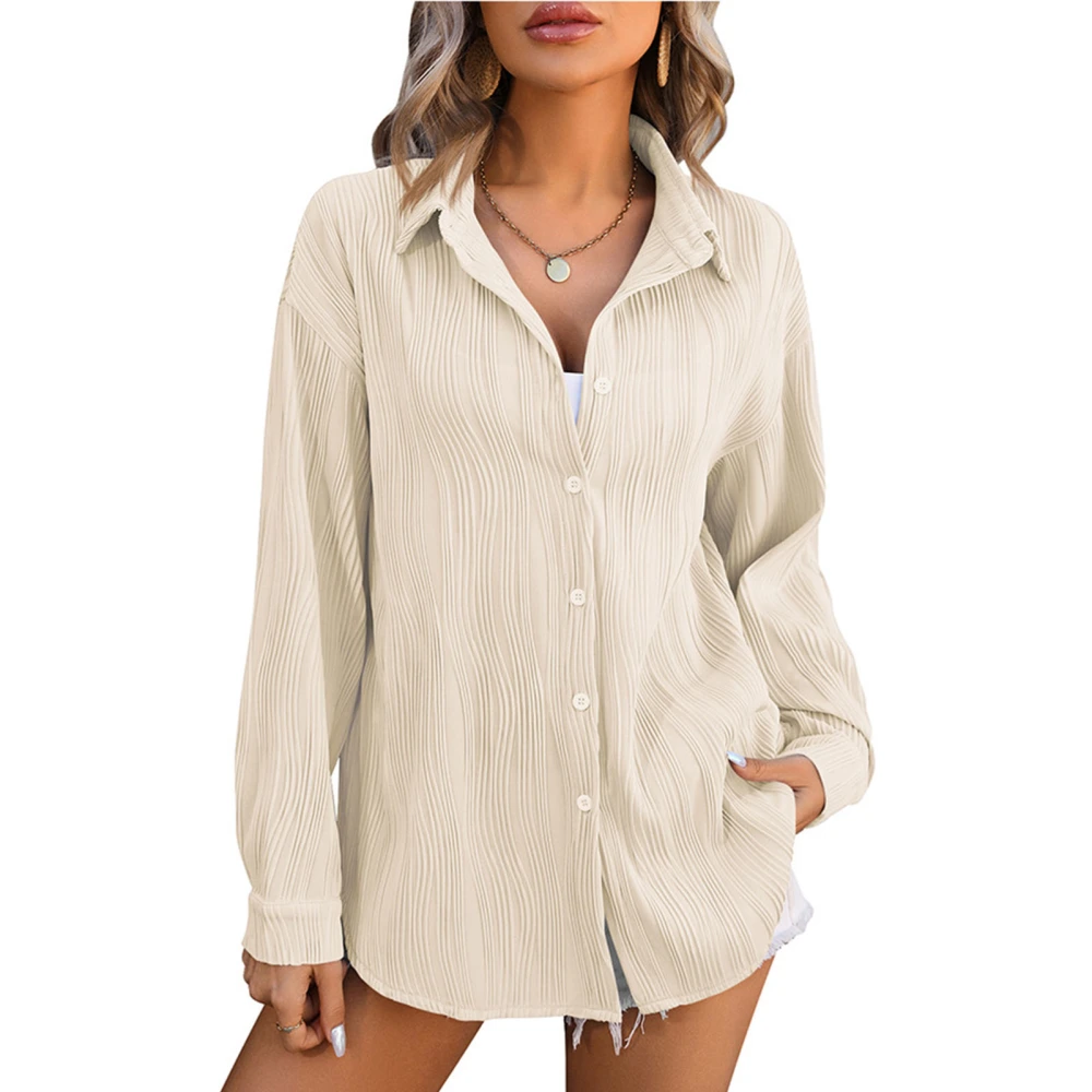 Women Casual Shirt Turn Over V Neck Long Sleeves Blouse Button Down Textured Blouse Daily Life Office Work Apricot M