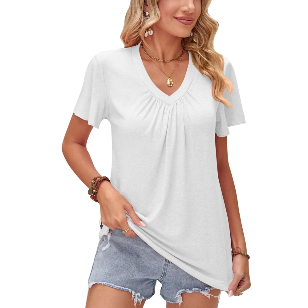 Women V Neck Loose T Shirt Breathable Pure Color Pleated Ruffled Short Sleeve Top for Daily Work White L