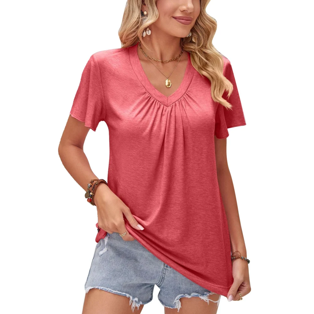 Women V Neck Loose T Shirt Breathable Pure Color Pleated Ruffled Short Sleeve Top for Daily Work Pink M