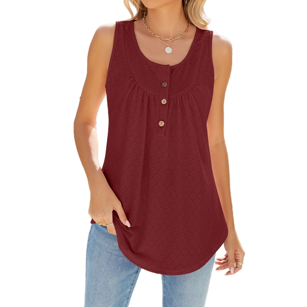 Women Round Neck Tank Top Front Button Pure Color Summer Sleeveless Vest for Daily Wear Wine Red XXL