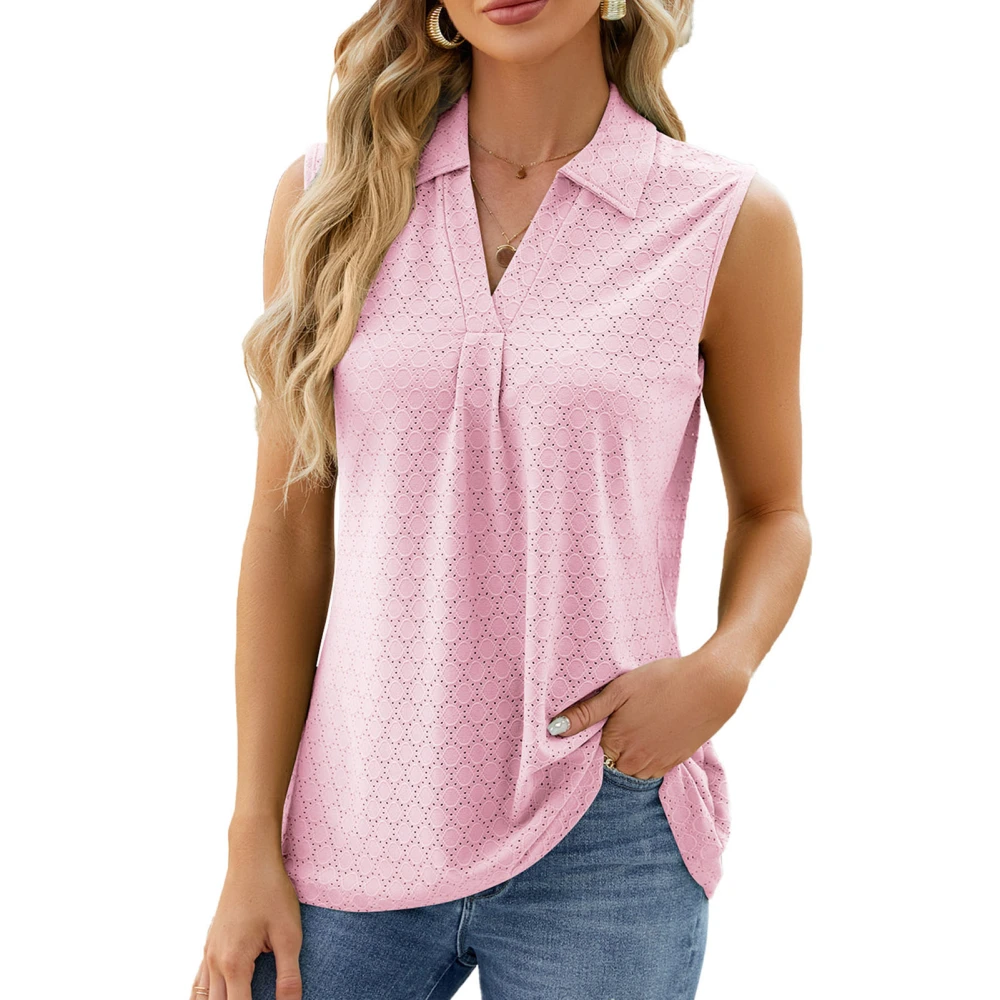 Women Turn Down Collar Sleeveless Shirt V Neck Pure Color Loose Fitting Casual Tank Top for Daily Wear Pink M