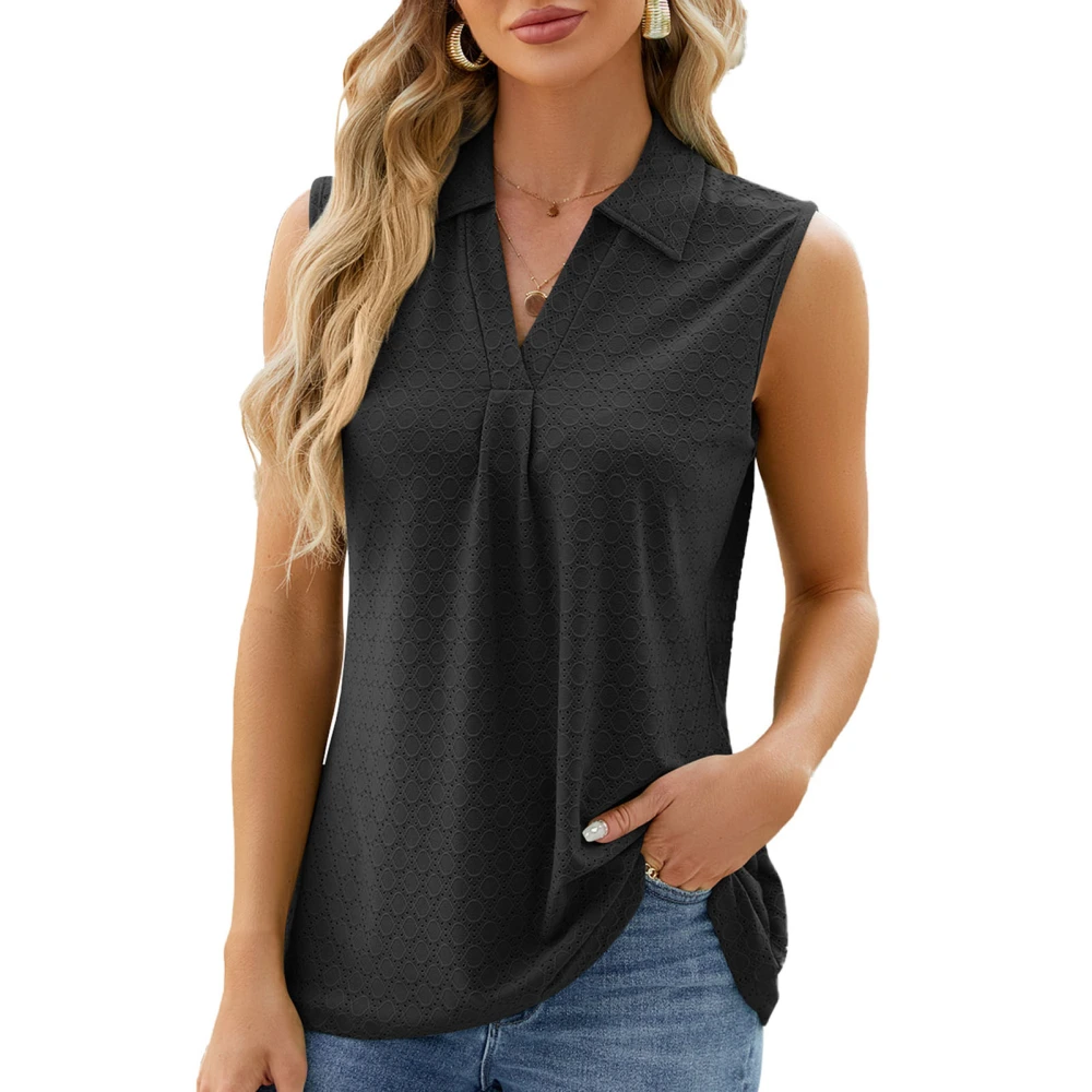 Women Turn Down Collar Sleeveless Shirt V Neck Pure Color Loose Fitting Casual Tank Top for Daily Wear Black XL