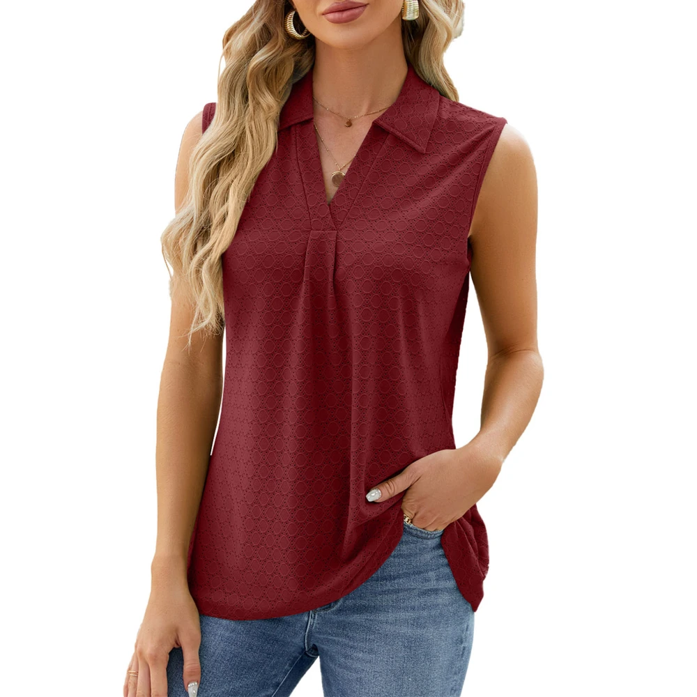 Women Turn Down Collar Sleeveless Shirt V Neck Pure Color Loose Fitting Casual Tank Top for Daily Wear Burgundy XXL