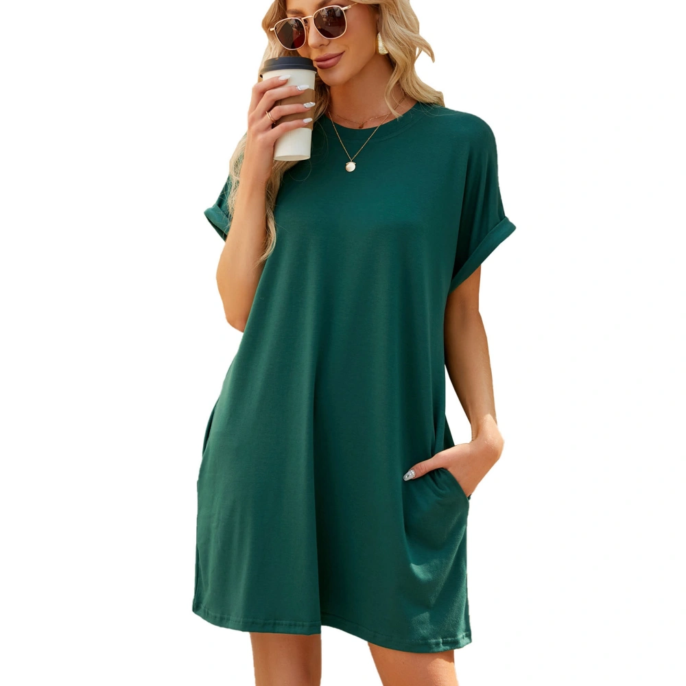 Women Round Neck Short Dress Pure Color Loose Fitting Short Sleeves Summer Dress with Pockets for Daily Wear Dark Green XL