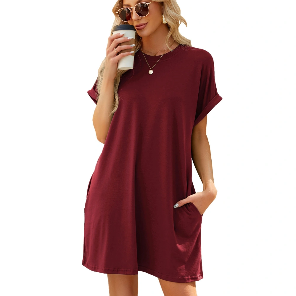 Women Round Neck Short Dress Pure Color Loose Fitting Short Sleeves Summer Dress with Pockets for Daily Wear Burgundy L