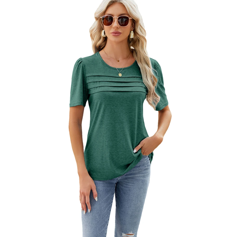 Short Sleeve Round Neck Top Pure Color Casual Versatile T Shirt for Spring Summer Dark Green XL