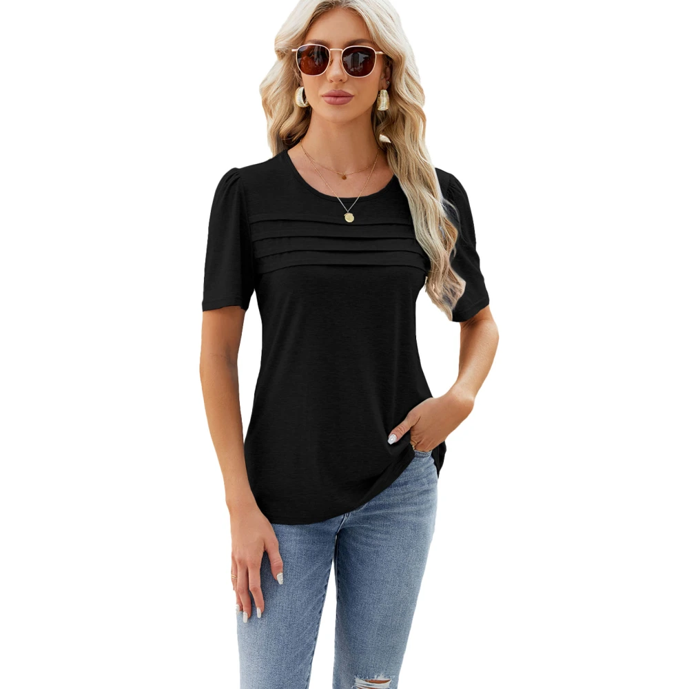 Short Sleeve Round Neck Top Pure Color Casual Versatile T Shirt for Spring Summer Black XXL