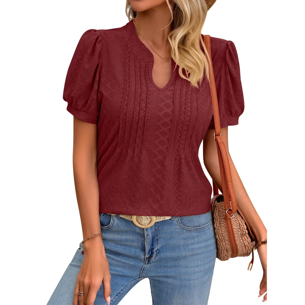 Women V Neck Top Short Puff Sleeves Loose Fitting Jacquard Casual T Shirt for Summer Wear Wine Red S