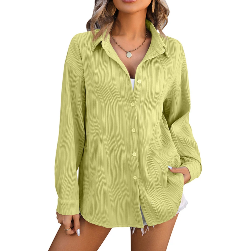 Women Casual Shirt Turn Over V Neck Long Sleeves Blouse Button Down Textured Blouse Daily Life Office Work Fruit Green XL