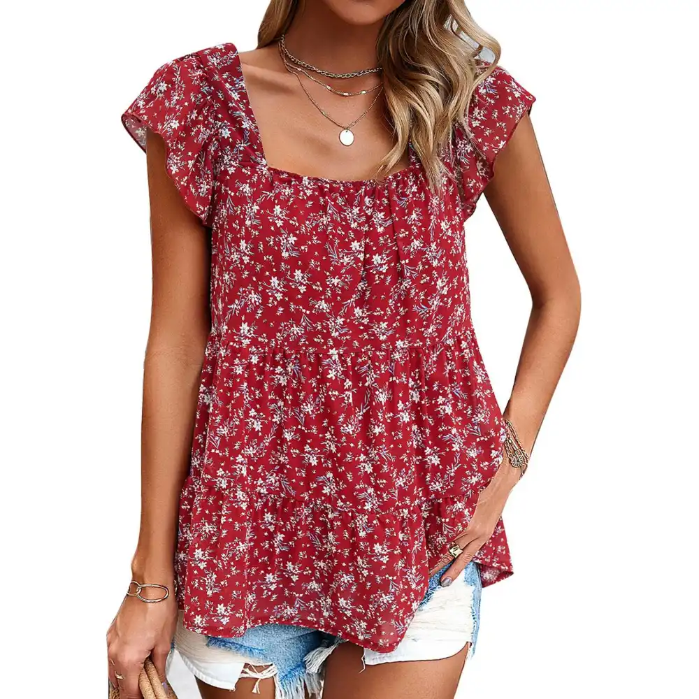 Women Ruffle Sleeveless Blouse Floral Printed Ruffle Sleeveless Blouse for Daily Life Red M