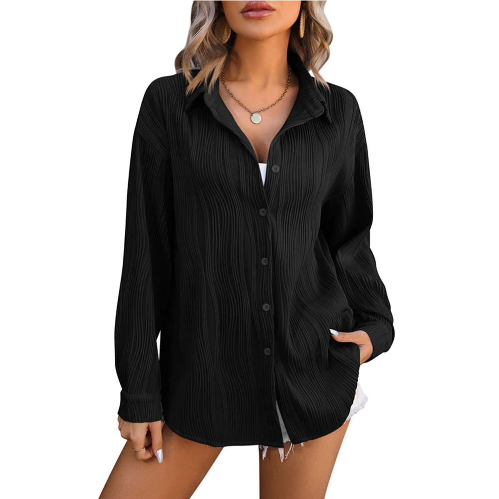 Women Casual Shirt Turn Over V Neck Long Sleeves Blouse Button Down Textured Blouse Daily Life Office Work Black XL