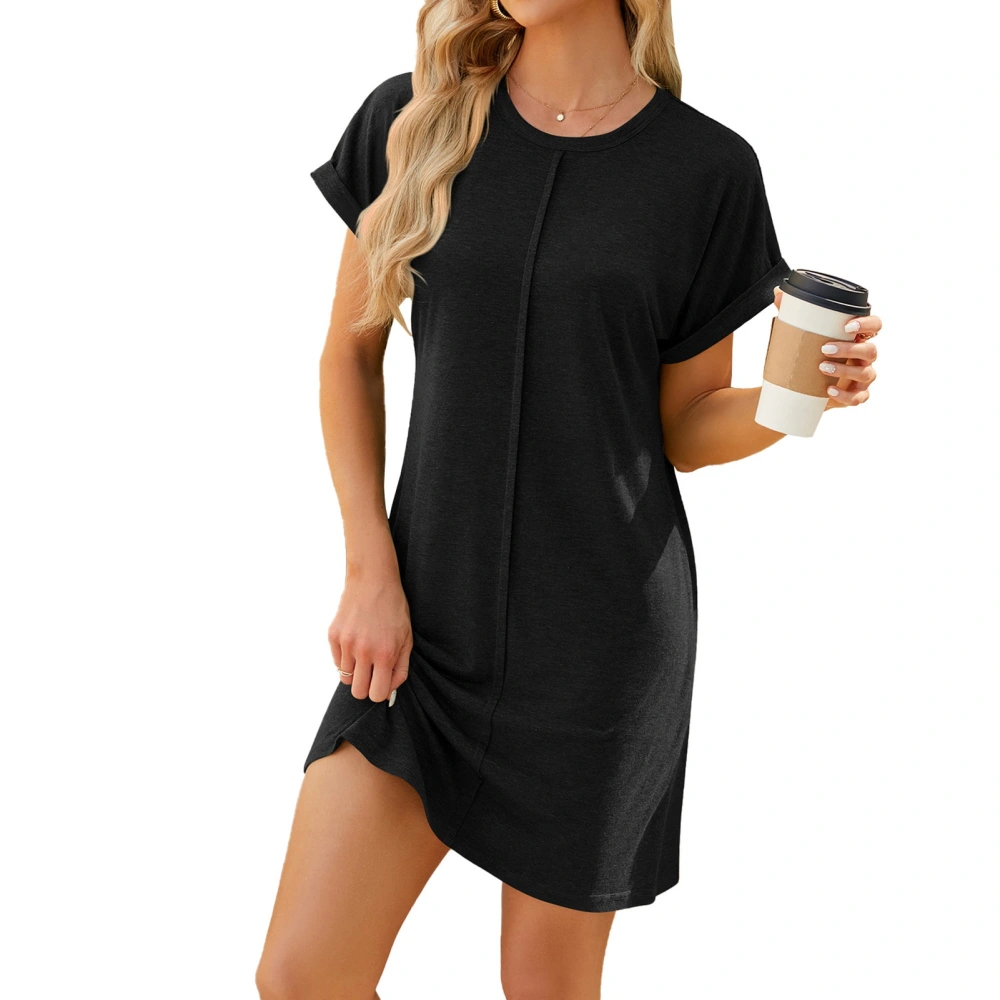 Women Casual Loose Dress Short Sleeve Round Neck Women Summer Dress for Party and Vacation Black L