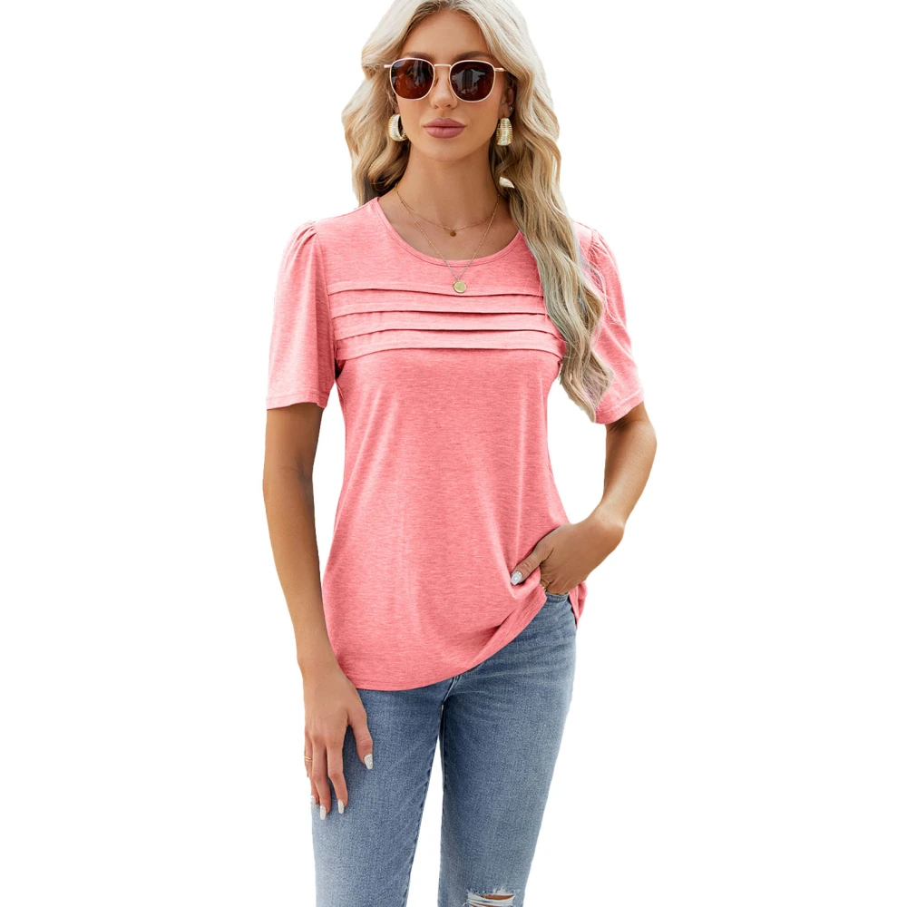 Short Sleeve Round Neck Top Pure Color Casual Versatile T Shirt for Spring Summer Pink L