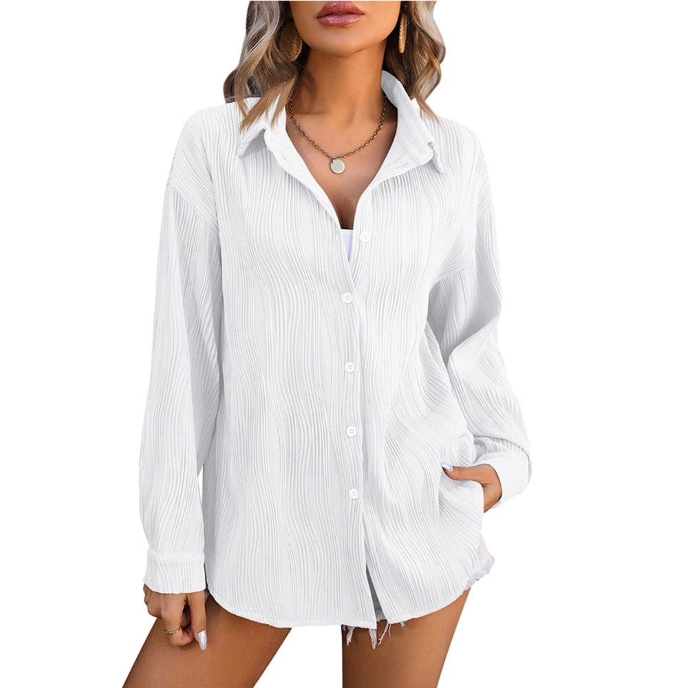 Women Casual Shirt Turn Over V Neck Long Sleeves Blouse Button Down Textured Blouse Daily Life Office Work White L