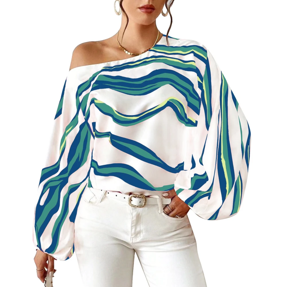 Women Shirt One Shoulder Fashion Style Stylish Print Long Sleeve Shirt Blouse for Travel Party Blue XL