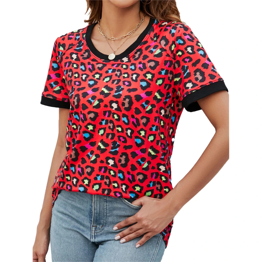 Women Leopard Print T Shirt Short Sleeve Crew Neck Casual Loose Breathable Fashion Summer Basic Tee Top Red M