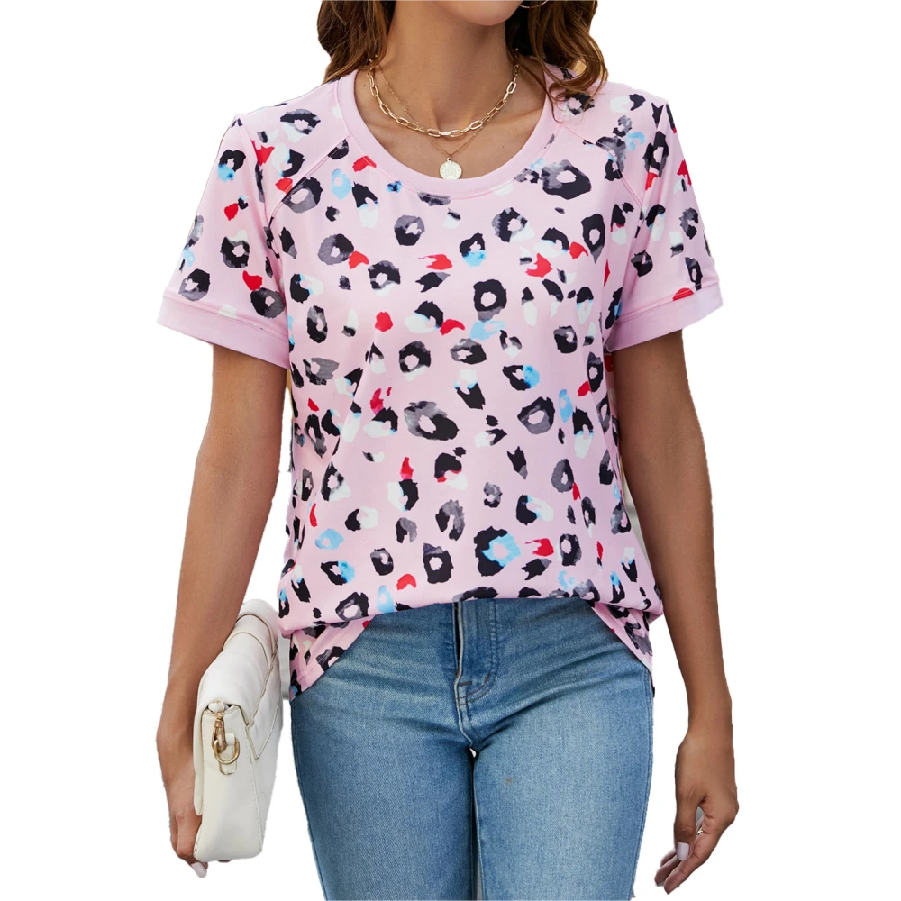 Women Leopard Print T Shirt Short Sleeve Crew Neck Casual Loose Breathable Fashion Summer Basic Tee Top Pink XL