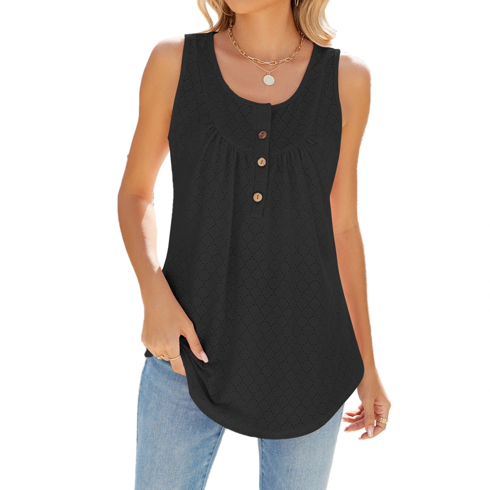 Women Round Neck Tank Top Front Button Pure Color Summer Sleeveless Vest for Daily Wear Black L