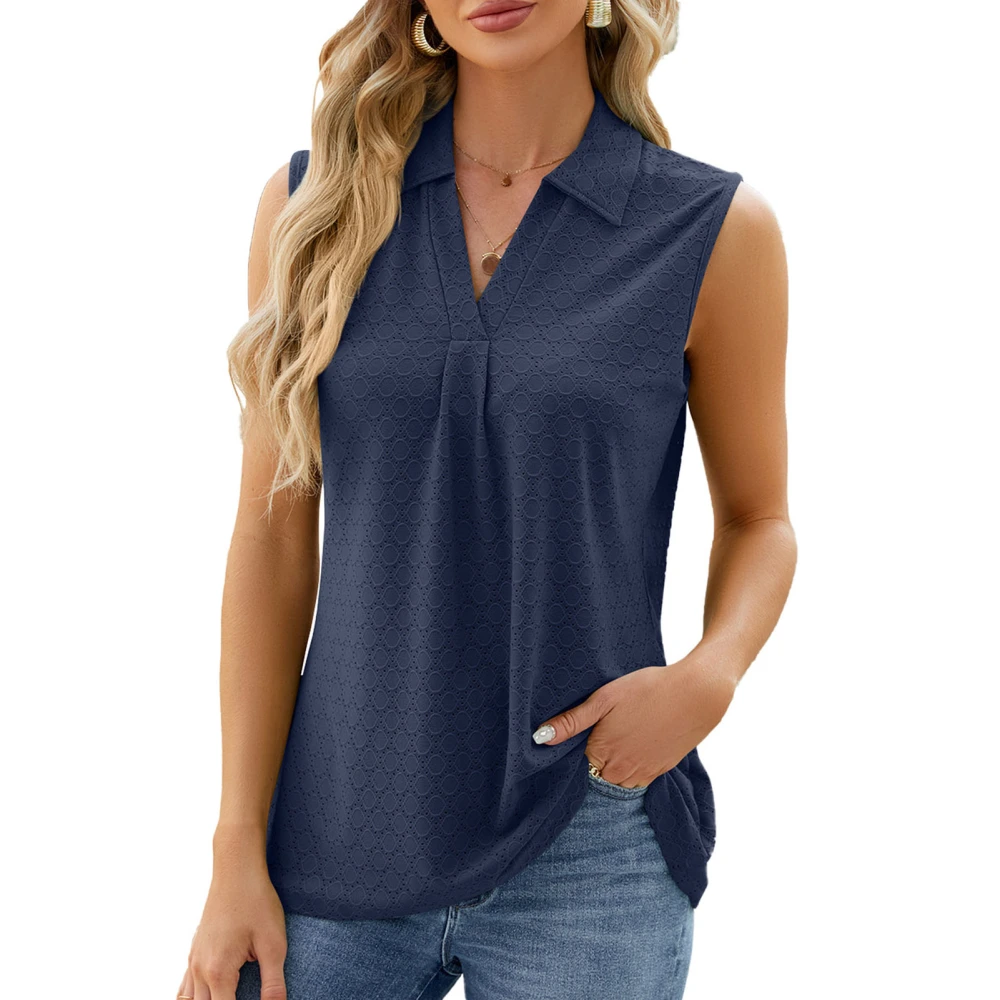 Women Turn Down Collar Sleeveless Shirt V Neck Pure Color Loose Fitting Casual Tank Top for Daily Wear Navy Blue XL