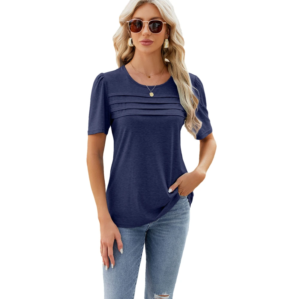 Short Sleeve Round Neck Top Pure Color Casual Versatile T Shirt for Spring Summer Navy Blue S