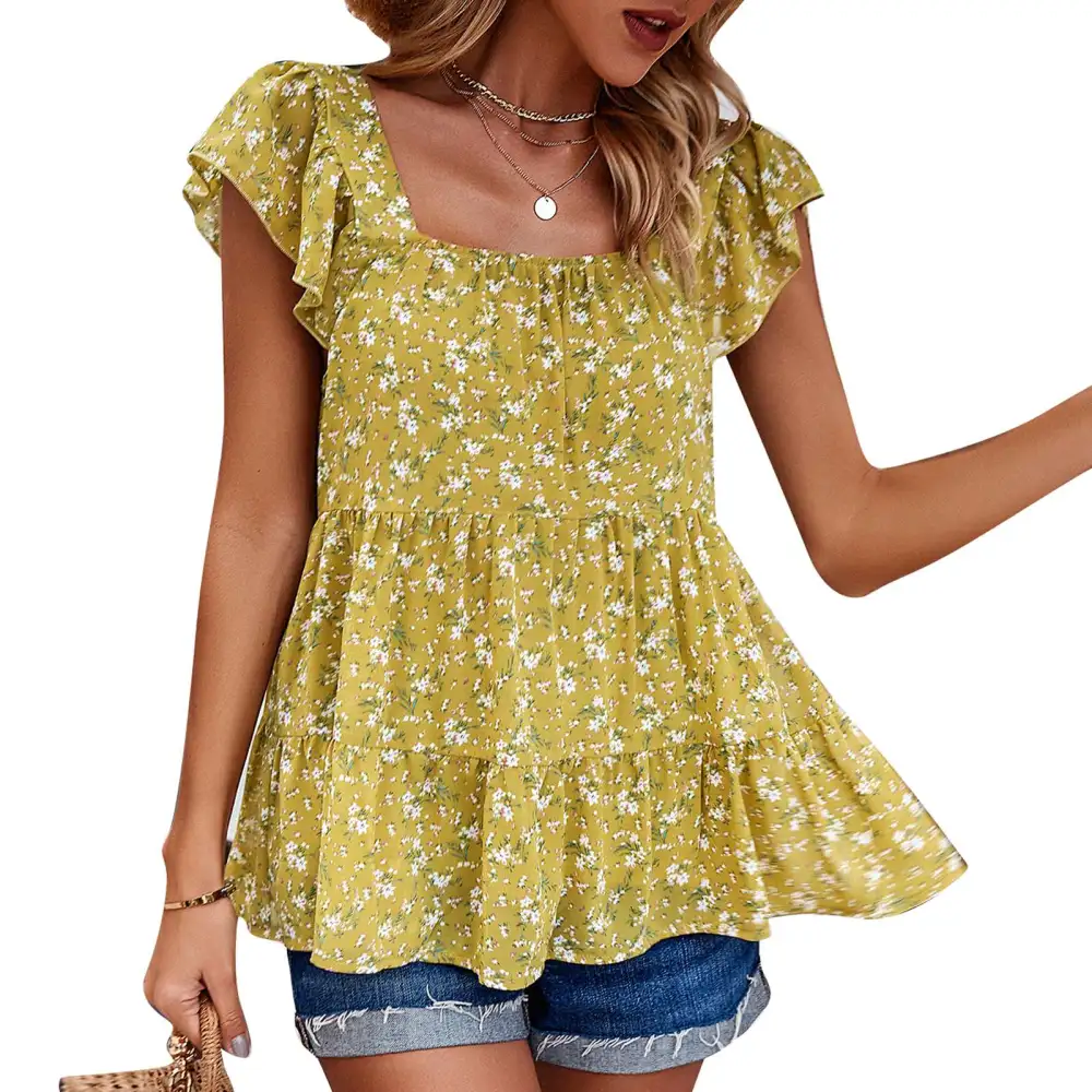 Women Ruffle Sleeveless Blouse Floral Printed Ruffle Sleeveless Blouse for Daily Life Yellow L