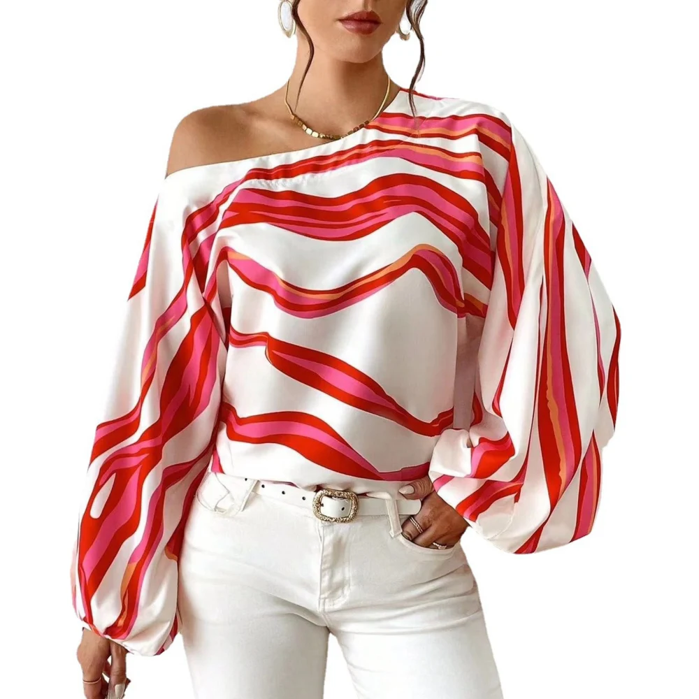 Women Shirt One Shoulder Fashion Style Stylish Print Long Sleeve Shirt Blouse for Travel Party Red M