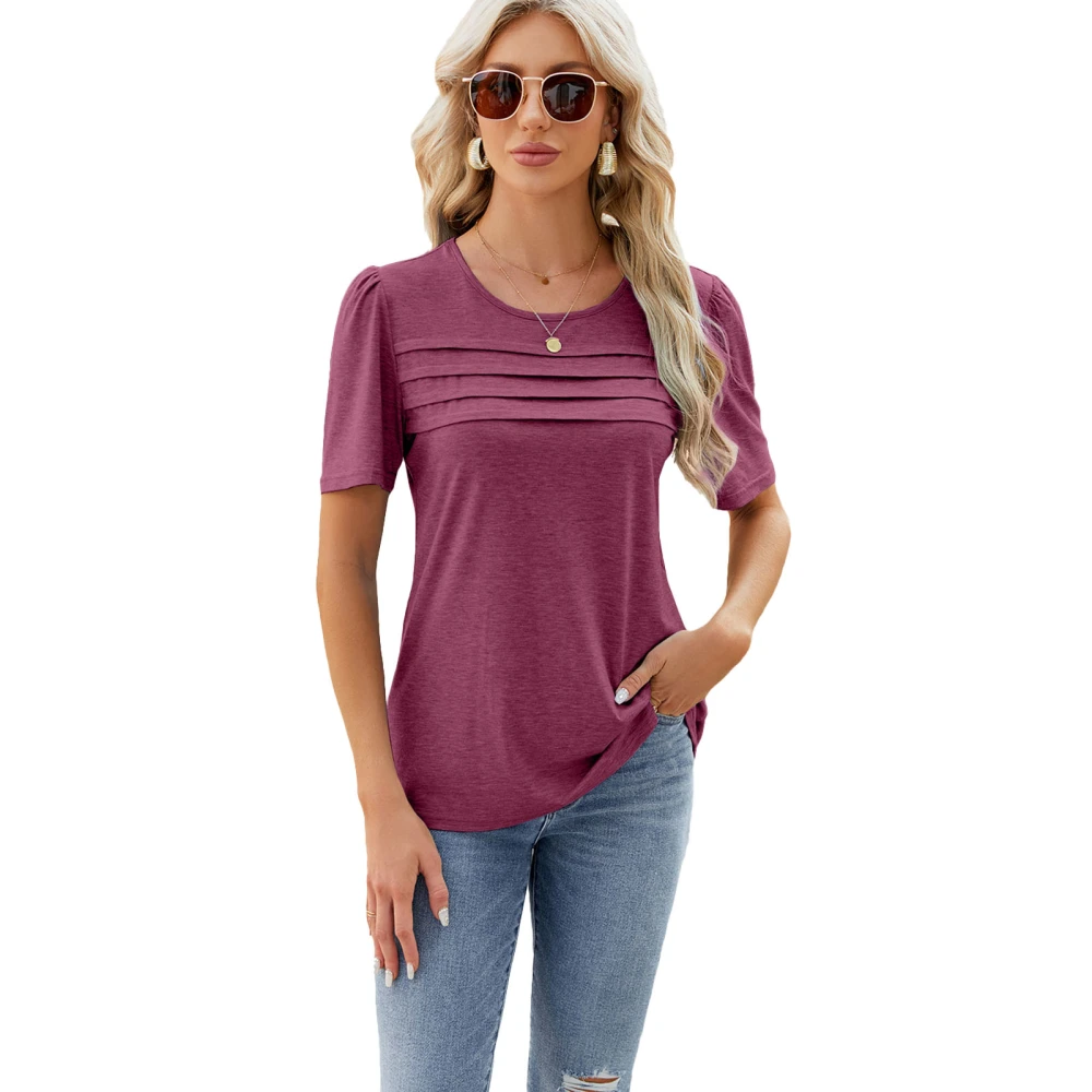 Short Sleeve Round Neck Top Pure Color Casual Versatile T Shirt for Spring Summer Wine Red S