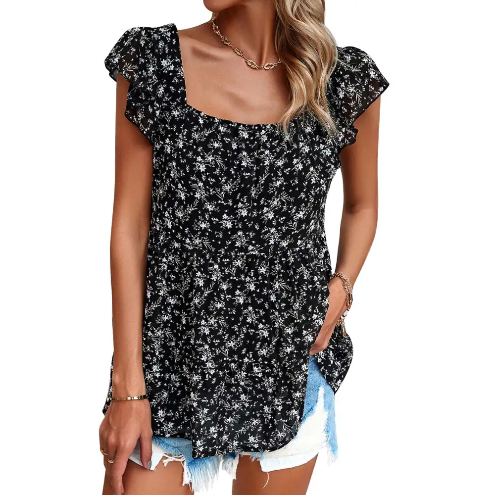 Women Ruffle Sleeveless Blouse Floral Printed Ruffle Sleeveless Blouse for Daily Life Black M