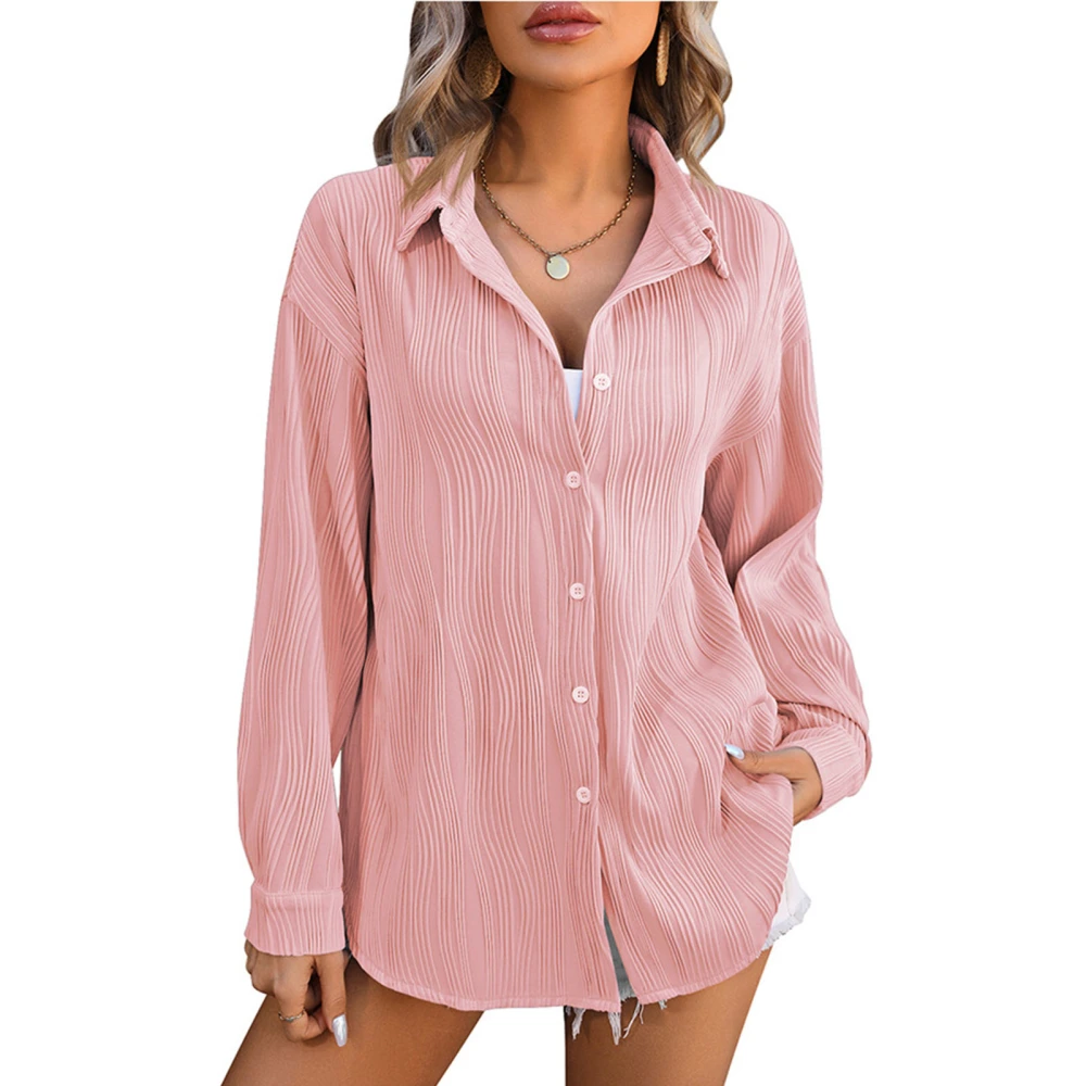 Women Casual Shirt Turn Over V Neck Long Sleeves Blouse Button Down Textured Blouse Daily Life Office Work Pink S