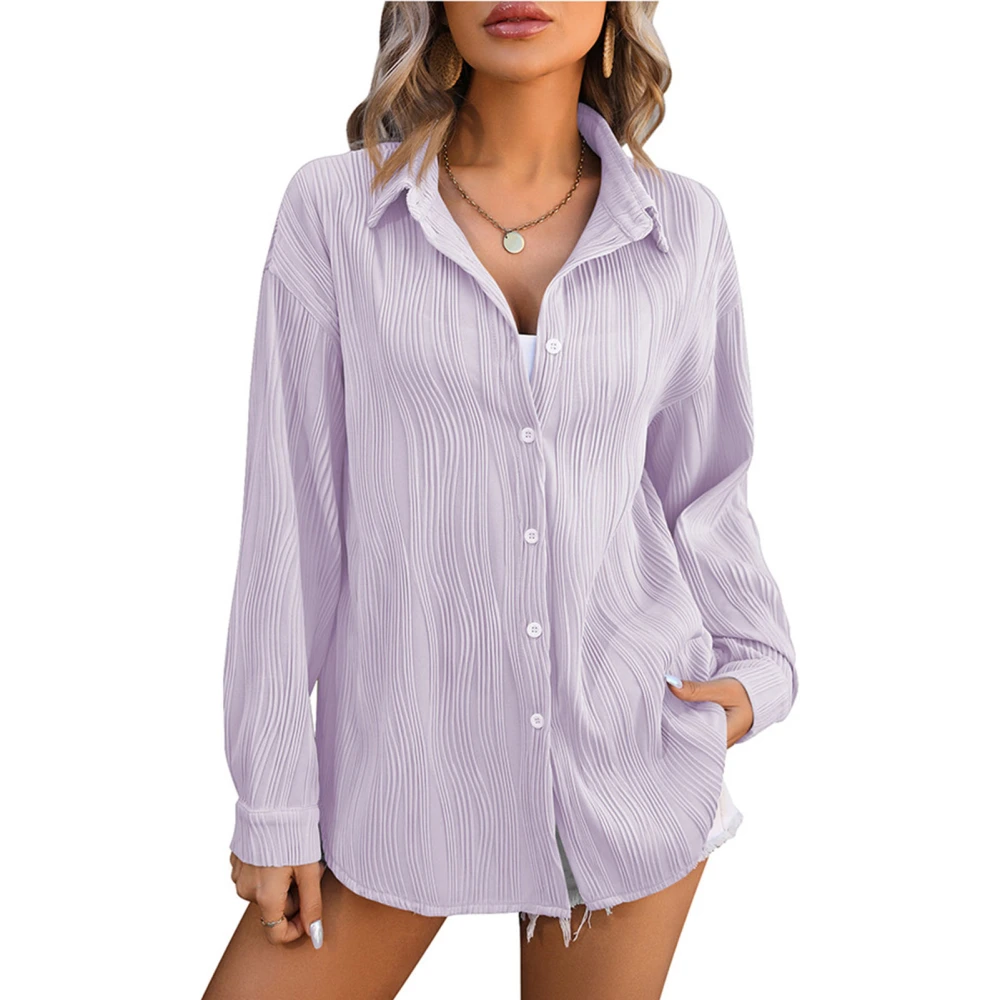 Women Casual Shirt Turn Over V Neck Long Sleeves Blouse Button Down Textured Blouse Daily Life Office Work Light Purple XXL